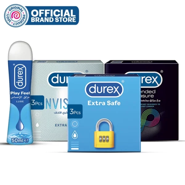 Durex Pleasure Pack - Invisible 3 Pcs + Extended Pleasure 3 Pcs + Extra Safe 3 Pcs + Play Tingle Lube 50ml